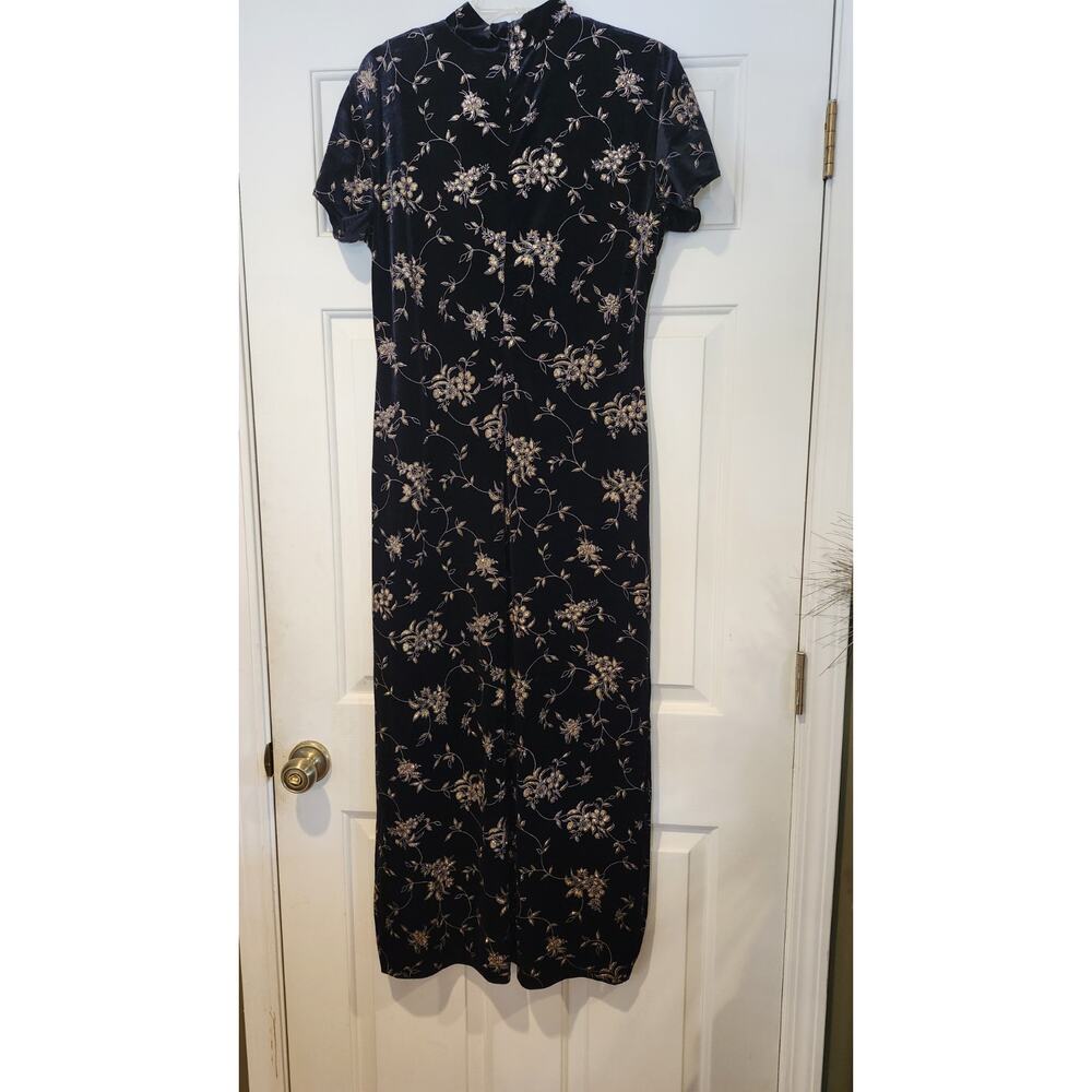 VTG Dressbarn Black Velvet Cheongsam Qipao Dress Gold Floral 90s Y2K 14 #256 - Picture 2 of 4